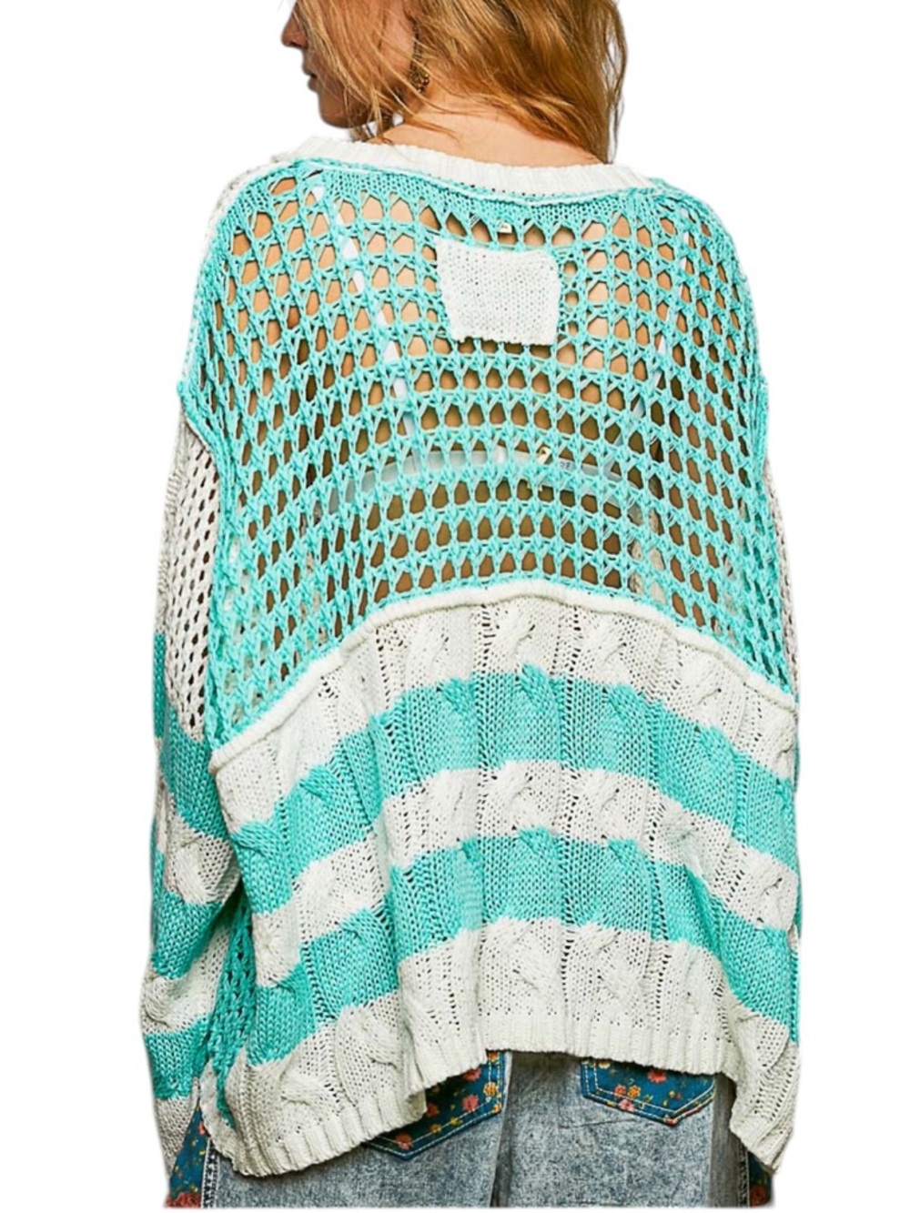 344. POL Knit v-neck Sweater in White and Mint - Picture 3 of 3